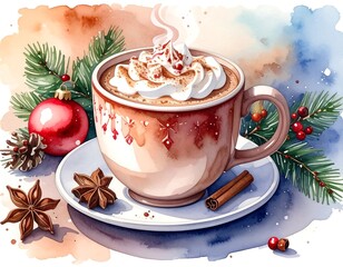 A festive watercolor painting of a steaming cup of hot chocolate with whipped cream, Christmas decorations