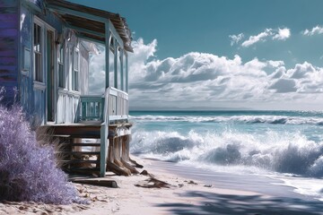 pastel-colored beach bungalow overlooking the beach and ocean