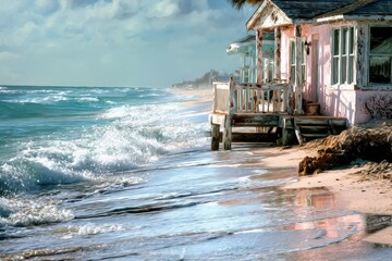 pastel-colored beach bungalow overlooking the beach and ocean