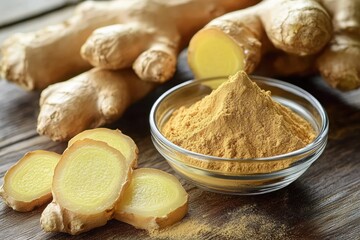 Fototapeta premium Fresh ginger roots, sliced pieces and a glass bowl of golden ginger powder on a rustic wooden surface, warm earthy and inviting