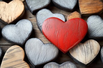 cluster of carved wooden heart shapes on a rustic wood surface with one bright red heart standing out evoking warmth love and cozy handmade charm