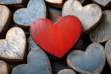 Obraz premium Single red wooden heart standing out among weathered gray wooden hearts conveying warmth and affection