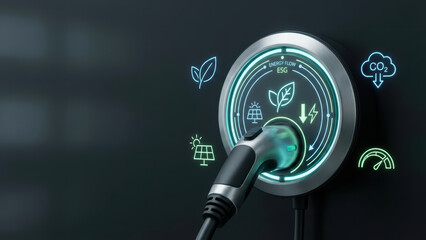 Electric vehicle charging station with energy flow indicators, showcasing sustainability and eco friendliness