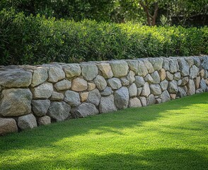 sunlit stone wall with neatly trimmed hedge and vibrant green lawn, peaceful suburban garden scene