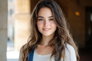 Young woman with long wavy brown hair wearing denim overalls and a white top standing in a sunlit stone archway, calm and contemplative