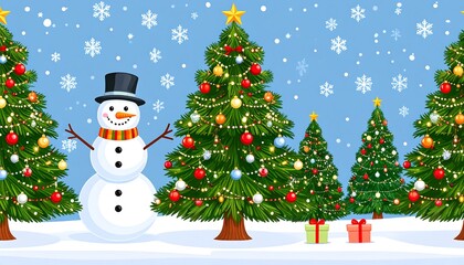 A festive winter scene with decorated trees and a snowman amidst a snowfall, showcasing the joy of the holidays