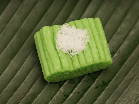 Gethuk Lindri, an Indonesian traditional snack made from cassava and shredded coconut, on banana leaf