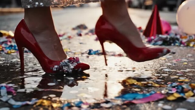 Close-up of Red Patent Leather Stiletto Heels on Wet Pavement Surrounded by Confetti and Party Hats During Golden Hour Sunlight Reflecting in Puddles