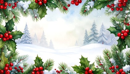 A festive winter scene with evergreen branches framing a snowy landscape with distant frosted trees and vibrant red berries