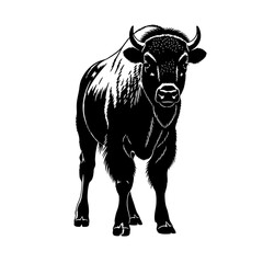Black and white illustration of a standing bull with horns