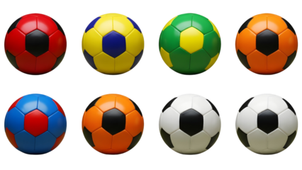 Collection of colorful soccer balls isolated on transparent background