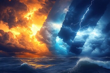 Turbulent ocean beneath a split sky of fiery orange clouds and icy blue storm clouds streaked with lightning, dramatic crashing waves and a sense of elemental fury and awe