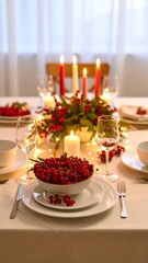 A festively set table with white plates, candles, and a bowl of berries. Fairy lights and greenery add to the holiday ambiance