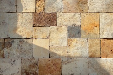 Sunlit weathered stone wall of varied square tiles in warm beige and brown tones with soft diagonal shadows conveying a rustic calm