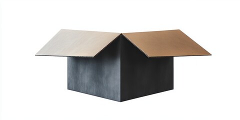 open black cardboard box with two brown corrugated flaps on white background, minimalist studio presentation conveying calm and contemplative mood