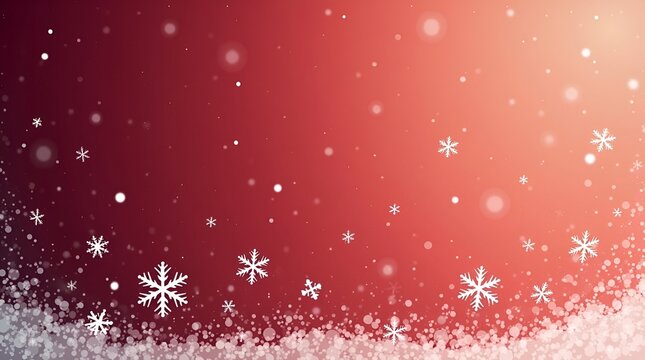 Magical Christmas illustration with sparkling micro snowflakes drifting on a glowing red gradient background, dreamy winter light, soft focus