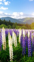 A field blossoms with white & purple flower spikes bathed in sunlight, with a blurred background of mountains and a vibrant blue sky