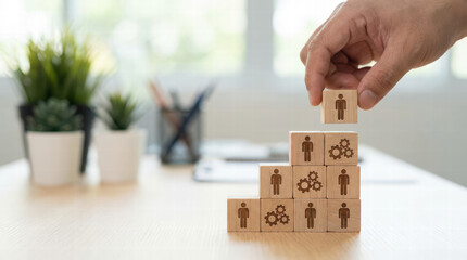 Building staircase with wooden blocks symbolizes teamwork and progress in professional setting