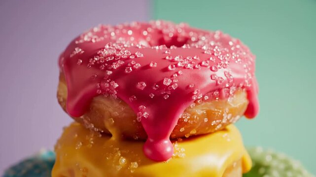 Glistening glazed donuts stacked artistically with vibrant pink icing and yellow glaze on a colorful pastel background
