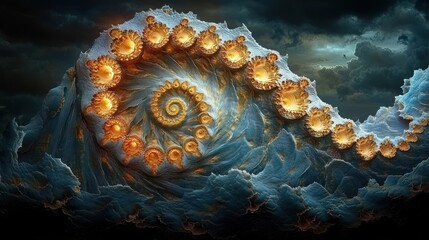 Close-up of a glowing golden blue spiral seashell-like fractal formation with intricate texture under a moody cloudy sky