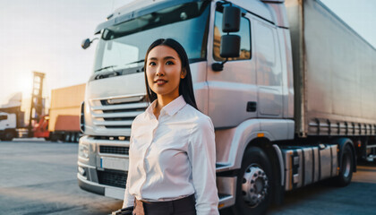 Confident woman standing near large delivery truck, showcasing her role in transport industry, with sunset backdrop