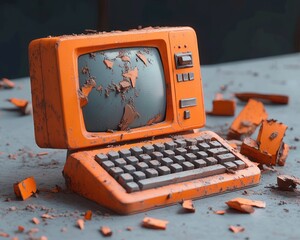 Old orange computer covered in broken clay shards and debris on a dusty surface conveying decay and neglect