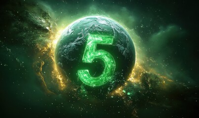 Glowing green number five superimposed on a planet surrounded by cosmic clouds and starry space environment