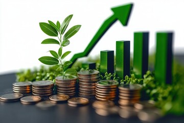 Small green plant growing from stacks of coins with ascending green bar graph and upward arrow indicating financial growth and investment success
