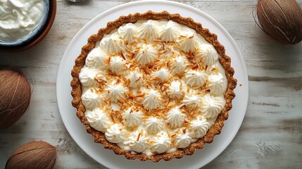 Creamy coconut pie with toasted coconut flakes and whipped cream dollops on a white plate surrounded by coconuts and a small bowl of cream