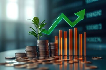 Stacks of coins with a small green plant growing on top, combined with glowing orange bar charts and a large green upward arrow representing financial growth and investment success