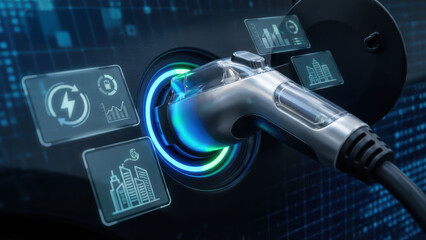 Closeup of electric vehicle charging port with digital interface, showcasing energy efficiency and modern technology