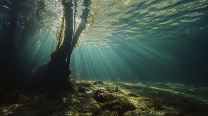 Sunlight filtering through water with tree silhouette on ocean floor scene