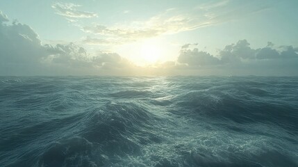 A serene ocean scene at sunrise with sparkling water and cloudy sky