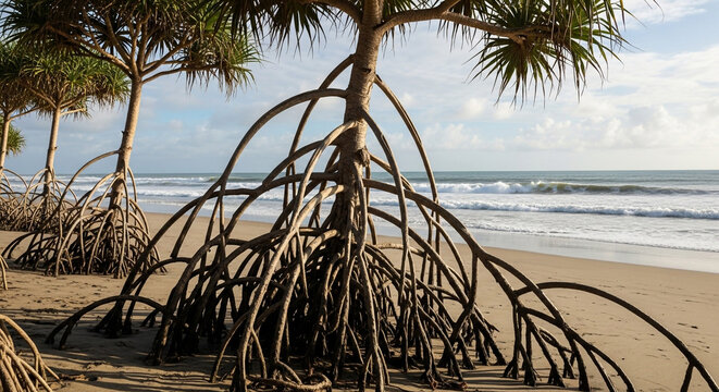 Exotic mangrove trees with intricate aerial root systems exposed on a sandy beach with gentle ocean waves in the background under a bright sky