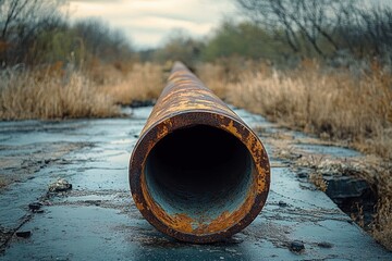 Long rusty metal pipe lying on cracked pavement surrounded by dry grass and leafless trees under a cloudy sky