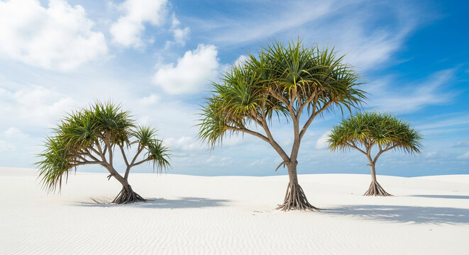 Three pandanus trees stand on a bright white sand dune under a vibrant blue sky with scattered clouds