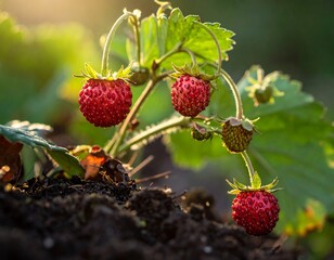 Close-up of wild strawberries ripening in sunlit soil
