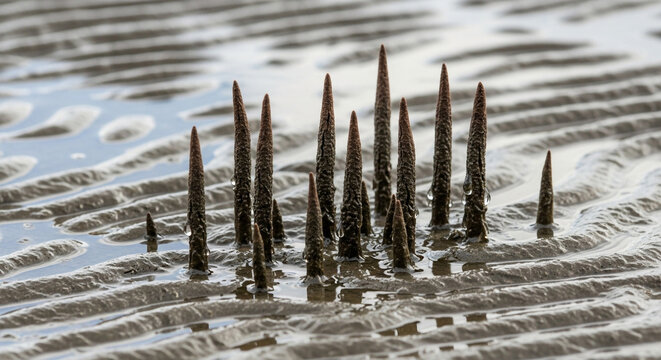Closeup view of marine worm tubes emerging from rippled sand at low tide, highlighting natural patterns and textures