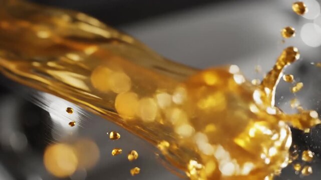 Viscous golden liquid pouring and splashing with water droplets in slow motion