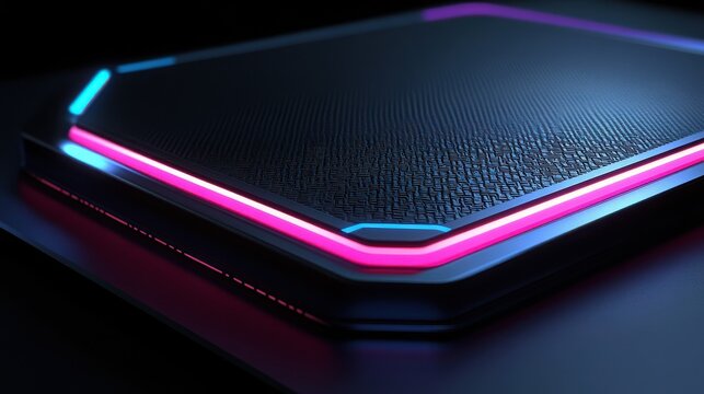 Closeup of a futuristic keyboard with colorful neon lights on a dark surface - Powered by Adobe