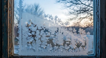 Close up of frosted window with ice crystals and blurred outdoor view