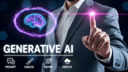 Generative Ai Brain with Businessman Touching Screen
