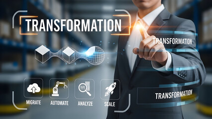 Executive Touches Digital Transformation Interface in Warehouse