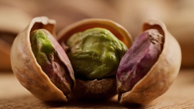 Close up of pistachio nut shell on wood surface food photography macro detail