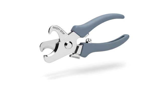 Professional pet nail clippers with safety stop mechanism for precise and safe grooming of dogs and cats, essential animal care tool on an isolated white background for domestic pet owners