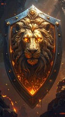A fierce golden lion's head is the prominent focal point on a shield. Its glowing eyes pierce through the shield