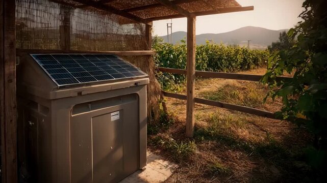 Medium shot of a solar compactor bin operating in an offgrid rural setting highlighting ecofriendly waste reduction away from traditional power sources.