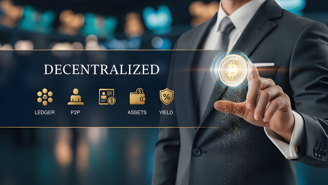 Man in Suit Touches Bitcoin Symbol for Decentralized Finance - Powered by Adobe