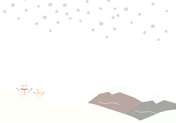 仲良し雪だるまと粉雪　冬の風景背景透過素材