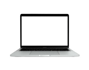 Modern silver laptop with blank screen and keyboard on black background